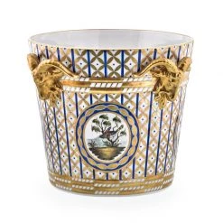 Scully & Scully Dresden Porcelain Cachepot With Gold Ram Heads & Birds