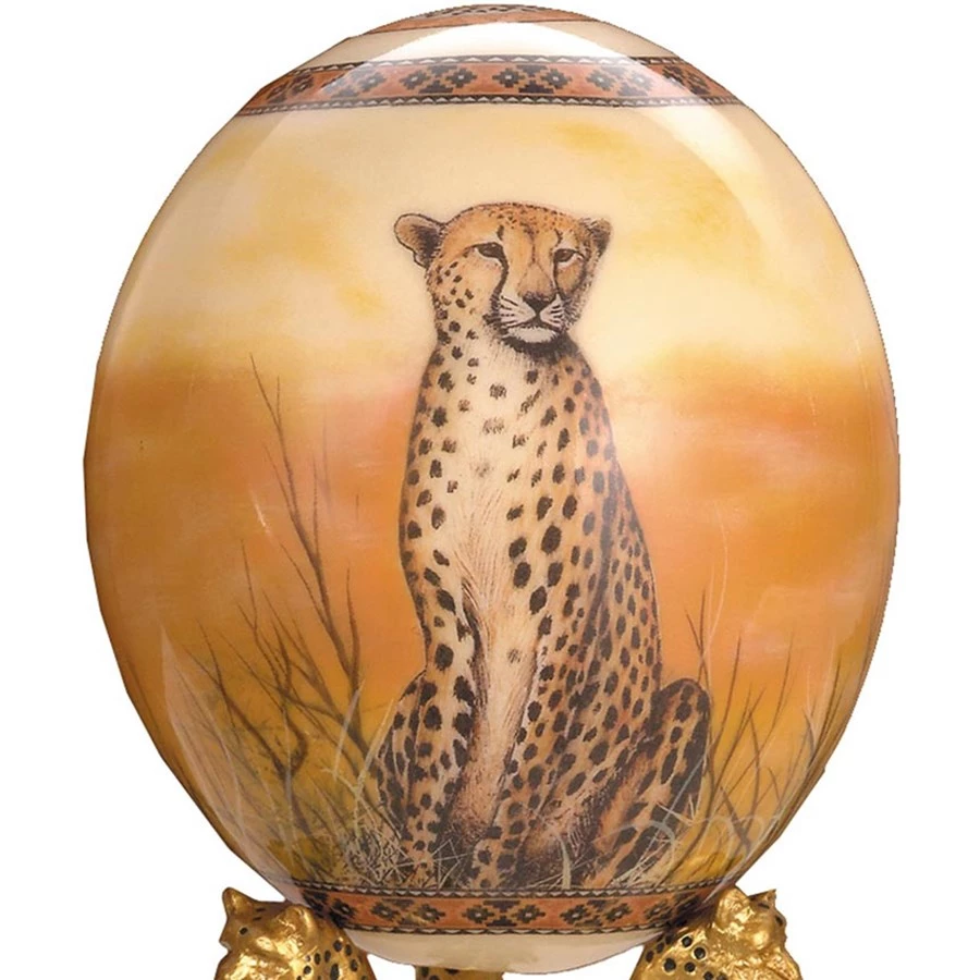 Scully & Scully Decoupage Ostrich Egg With Cheetahs & Pewter Stand 3 Scully & Scully Decoupage Ostrich Egg With Cheetahs & Pewter Stand