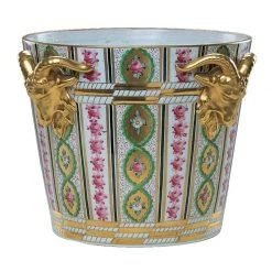 Scully & Scully Dresden Porcelain Cachepot With Gold Ram Heads & Flowers