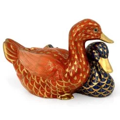 Herend Rust & Cobalt Ducks With Gold Fishnet