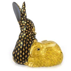 Herend Pair Of Rabbits, Black & Gold
