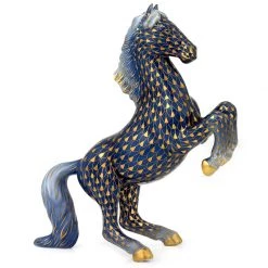 Herend Cobalt Prancing Horse With Gold Fishnet