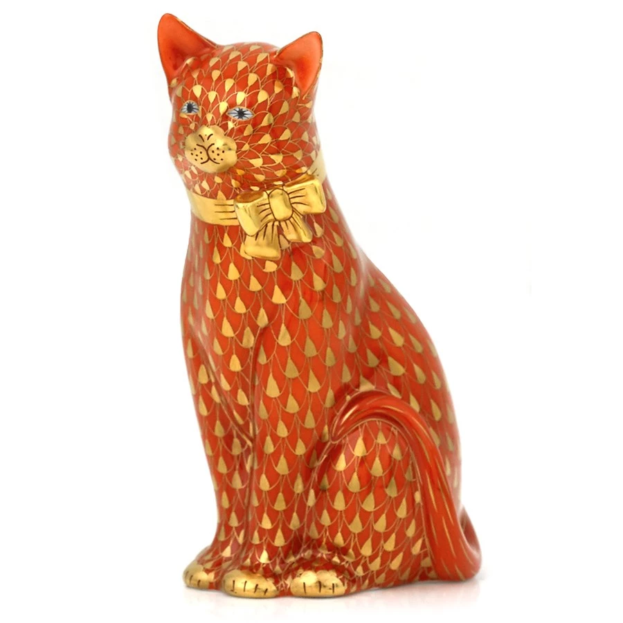 Herend Rust Cat With Gold Bow 3 Herend Rust Cat With Gold Bow