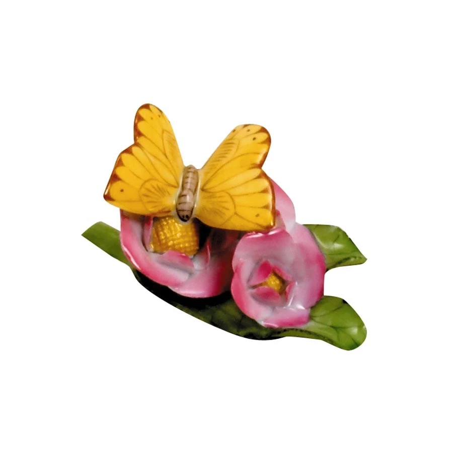 Herend Yellow Butterfly On Three Pink Flowers 3 Herend Yellow Butterfly On Three Pink Flowers